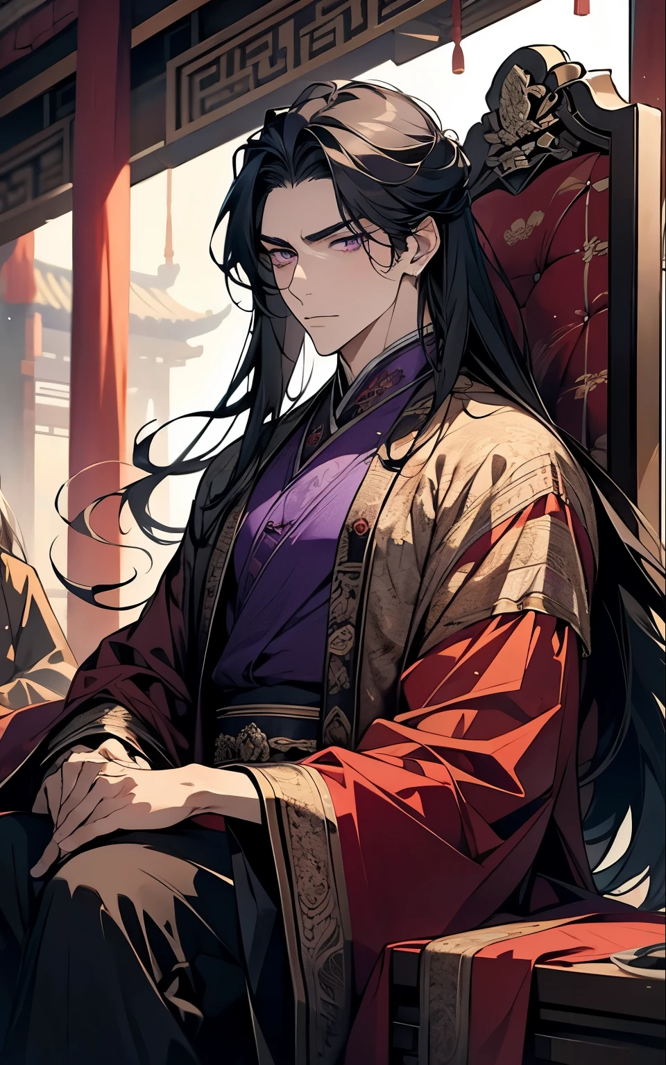 1 middle-aged man, (45 years old), long black hair, violet eyes, chinese clothes, purple clothes, sitting chniese throne, purple chinese room