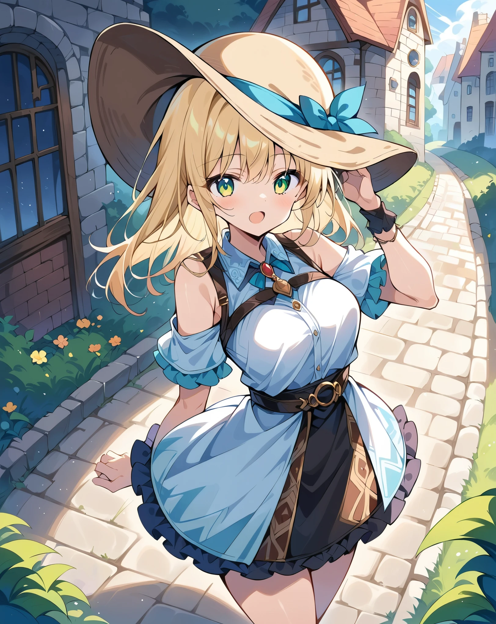 masterpiece, best quality, great quality、very aesthetic、masterpiece,In detail、Poster quality、artwork、,Different world、Girl in a hat、cute、Different world outfit、Grass grows on both sides of the cobblestones_There is a brick building in the back1item,anime、Light color hue