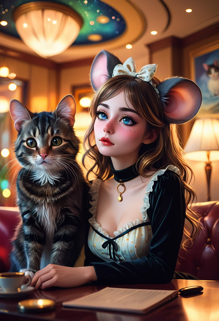 Renoir style , Hallucination, daydream , nightmare , Insane Dream , bokeh , romance , realistic mouse girl and realistic cat man , realistic nose , hotel lounge