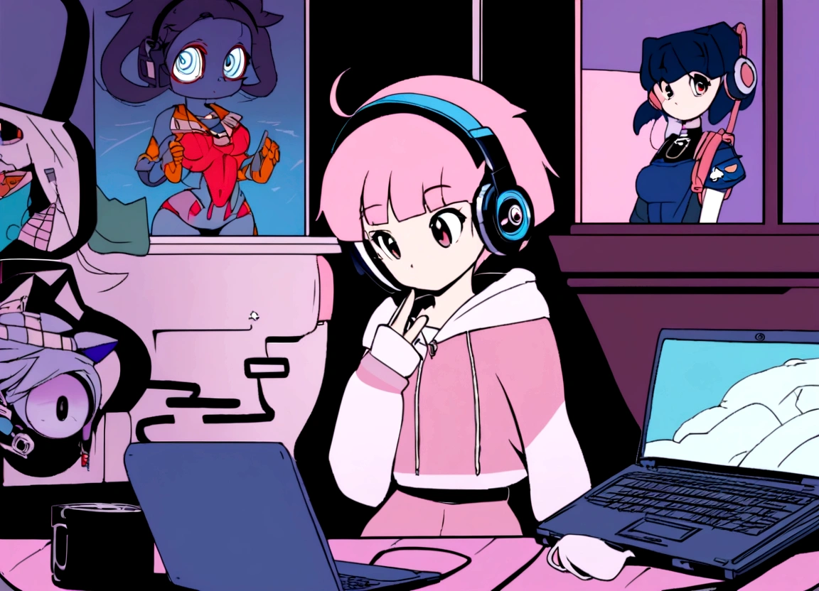 Anime girl sitting at a table with a laptop and headphones, Night view from the window, zeroガール, Praise the art style, Portrait of Rofi, Lofi Art, L'official Sensation, zero, zeroバイブ, Chill Hop, The Lo-Fi Girl Aesthetic, Lo-fi art, zeroカラー, Lo-fi style illustration, Hip Hop Lofi, Lo-fi aesthetic