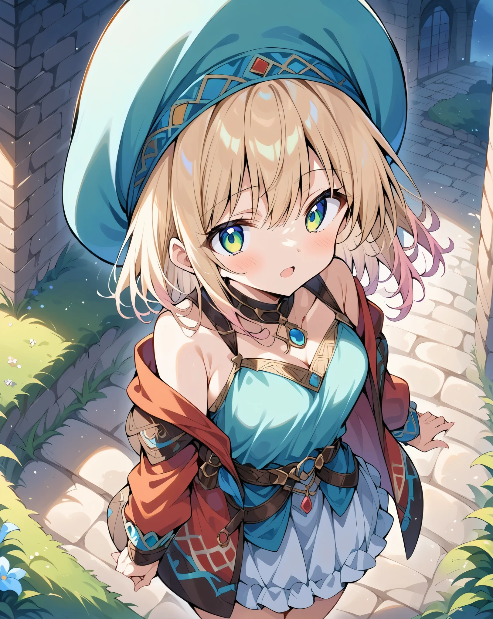 masterpiece, best quality, ultra detailed, very aesthetic, 1girl、Different world、Girl in a hat、cute、Different world outfit、Grass grows on both sides of the cobblestones_There is a brick building in the back１item,anime、Light color hue