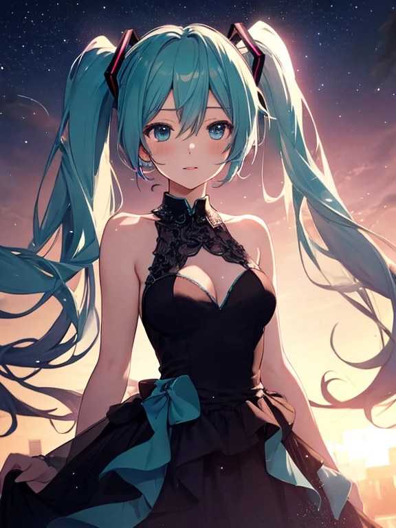 Hatsune Miku, Evening Dress, Night view, Beauty, uhd, retina, masterpiece, ccurate, anatomically correct, textured skin, super detail, high details, high quality, best quality, highres, 4K