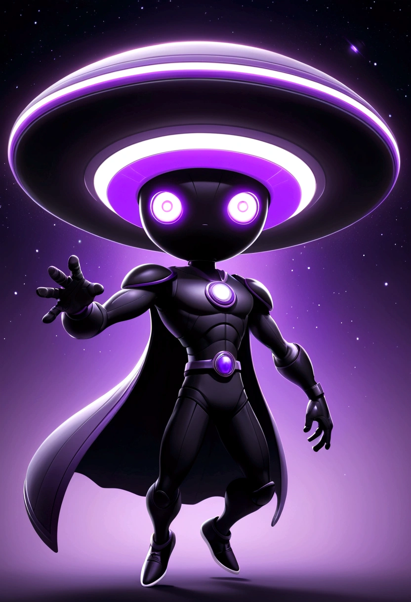 A character who is his own flying saucer, with arms and legs, black color purple details and white eyes, pixel art style, dynamic lighting,  looking straight at the camera without any pose, minimalistic, blurry background, em 2D, masculine 