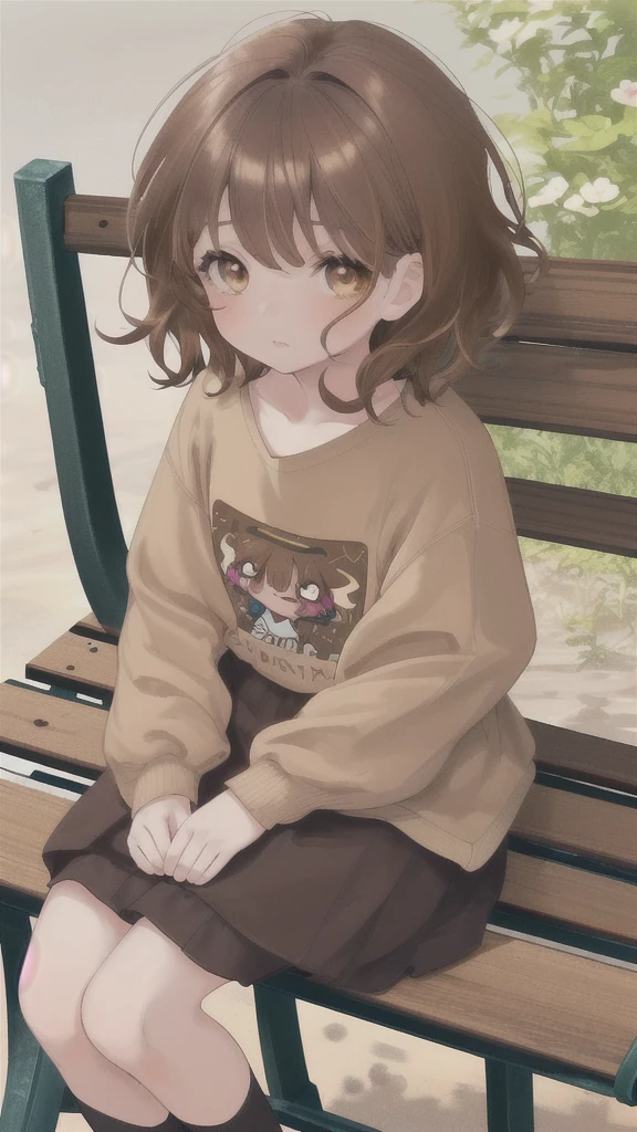 realistic image, coherent image, detailed image, 1girl‚ brown eyes‚ beautiful eyelashes‚ (brown hair)‚ (short brown hair), (brown hair curtos e cacheados), (Messy hair) outfit, sitting on a bench, seios grandes, coxas grossas‚ pastel and vibrant colors, chibi style, lineart, simple