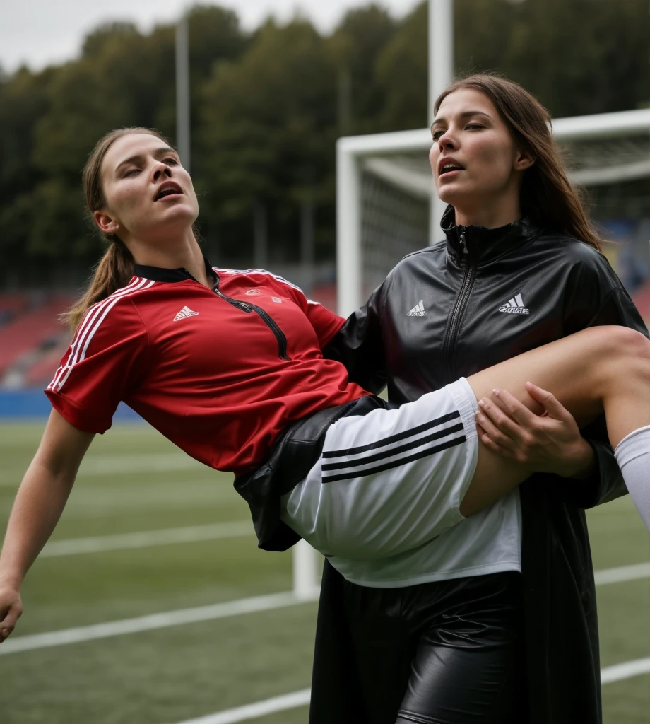his head hangs down, his body hangs weak and unconscious, there is a longhaired and beautiful girl in a black jacket standing, woman carrying a consciousless man at a soccer game, Andrea carries the wounded man's body in her hands, Andrea grabs his legs and his body with her hands, the bearded man in Andrea's arms is visibly in pain, stadium atmosphere, the bearded man is lying consciousless in Andrea's arms with one arm hanging down, A scene at a soccer stadium, a bearded man lying in a caring women's arms, lying helpless in her arms with his head dangling down, he has one arm dangling down while being carried in the women's arms, There is an attractive and heavily made-up woman in a long black leather coat, A pretty woman in a shiny black leather coat on a soccer field, A wonderful woman is holding a passed out man, A man in matt and roughened sportswear is held diagonal in her arms, a man in a woman's arms and lets one arm dangling down, we see the man held in front of the woman's body, the man is cradled in the woman's arm while being carried, the beautiful woman is exceptionally heavily made up and has an extremely desperate and very angry expression on her face, high-resolution photo, realistic sports photo, soccer scene, woman in black shiny long leather coat, injury scene, real photo, ultra realistic, high definition, sports photography