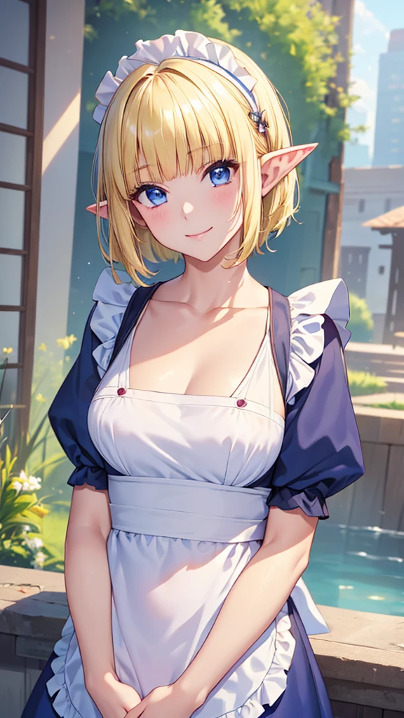 Very close、((Focus on the upper body))、(((16K、masterpiece、High resolution、High resolution)))、((1 young elven girl))、((Beautiful blonde))、short hair、((Beautiful Blue Eyes))、((Pointed Ears))、、Smiling Kindly、Grin、blush、Pink Lip Gloss、((Shiny skin))、((Maid outfit、apron))、((Old Western-style building))、look at me、((Place your hands on your chest))