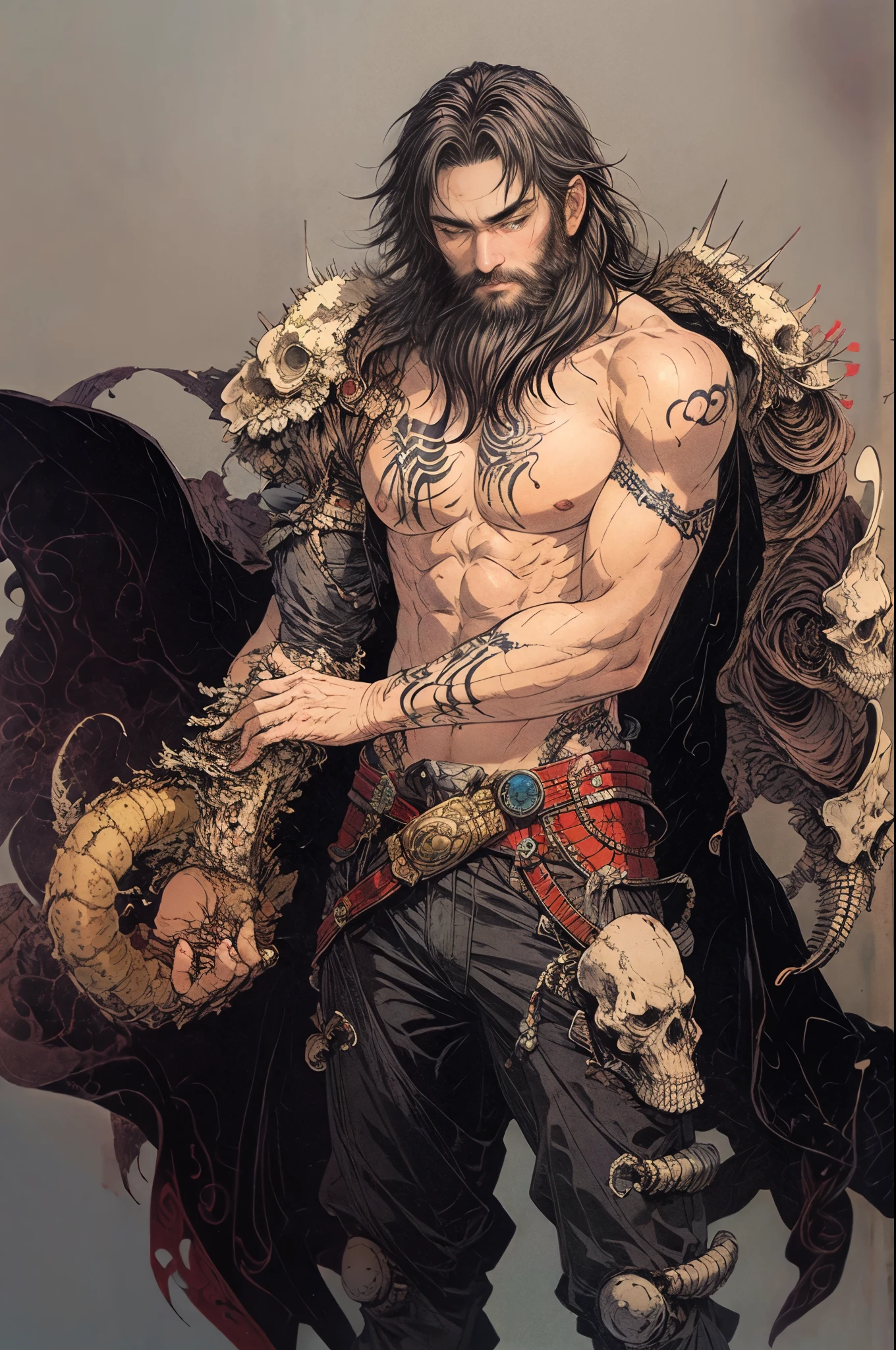 best quality,masterpiece,Ultra-high resolution,1 person,looking at the audience,one,Yamamoto Takashi style,
simple background,White_background,Machinery Division,Exoskeleton,Cold-blooded bearded man,toughboy style, Shirtless, muscle, tattoo
