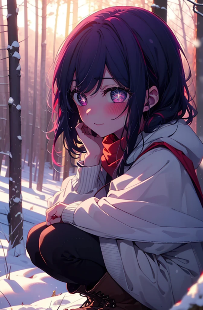 aihoshino, Ai Hoshino, Long Hair, bangs, (Purple eyes:1.1), Purple Hair, (Symbol-shaped pupil:1.5), smile,,smile,blush,White Breath,
Open your mouth,snow,Ground bonfire, Outdoor, boots, snowing, From the side, wood, suitcase, Cape, Blurred, , forest, White handbag, nature, Squat, Mouth closed, Cape, winter, Written boundary depth, Black shoes, red Cape break looking at viewer, Upper Body, whole body, break Outdoor, forest, nature, break (masterpiece:1.2), Highest quality, High resolution, unity 8k wallpaper, (shape:0.8), (Beautiful and beautiful eyes:1.6), Highly detailed face, Perfect lighting, Highly detailed CG, (Perfect hands, Perfect Anatomy),