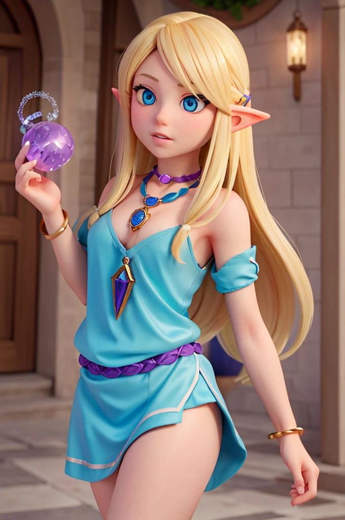 a blonde girl with long hair, sparkling blue eyes and elf ears holds a necklace with a large magical amulet sparkling with purple chlorine on her neck