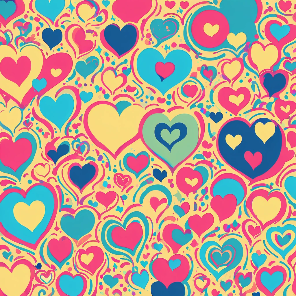 Momoko style, Simple Line Initialism，Abstract art，Urban Background, colorful hearts ,No people