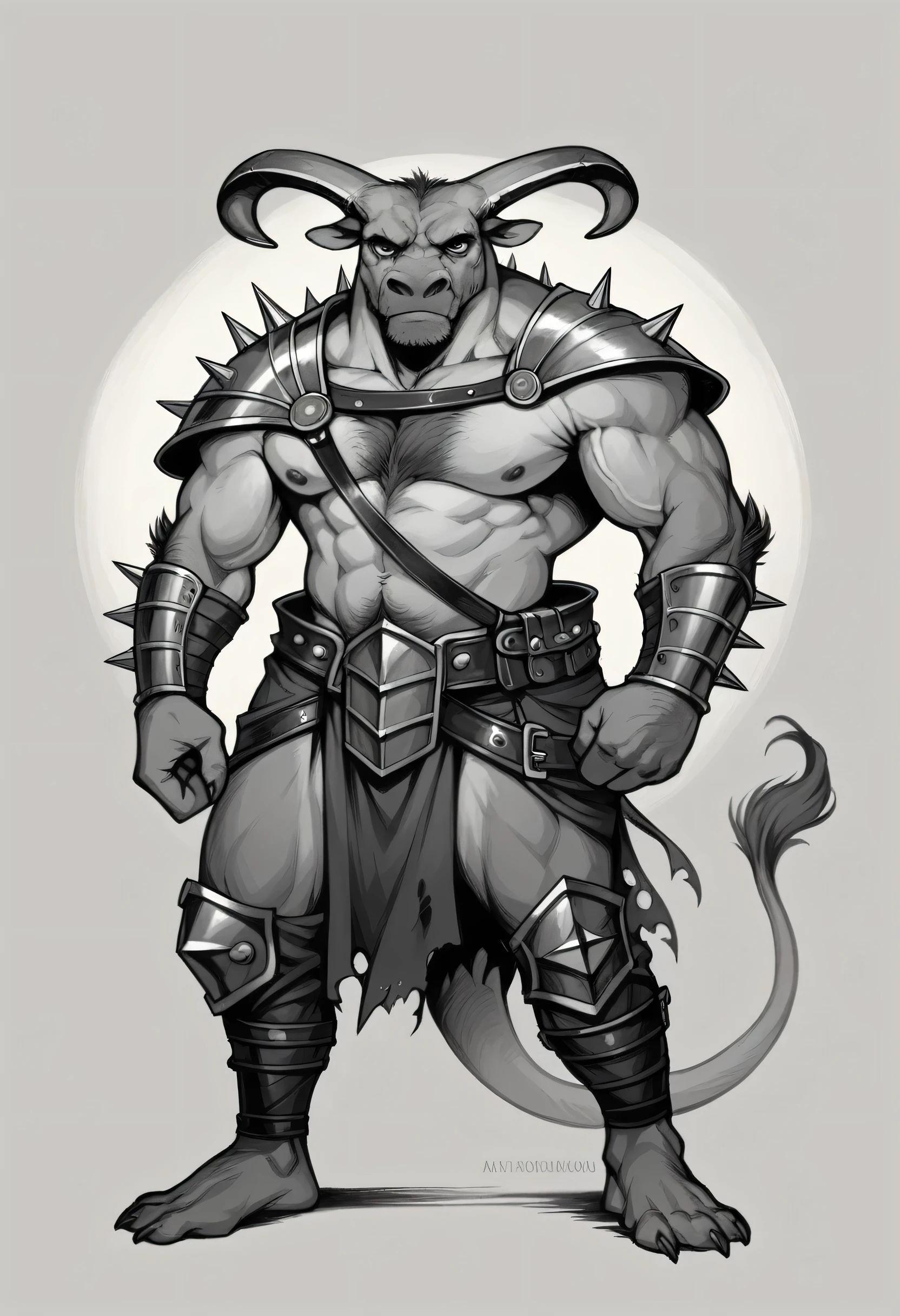 anthropomorphic bull,adventurer outfit,leather armor,vambraces,pauldrons,adventurer's backpack,horns,determined expression,muscular build,dramatic lighting,muted color palette,chiaroscuro lighting,cinematic composition,award-winning digital painting,masterpiece,photorealistic,highly detailed,ultra-detailed, body hair, colored