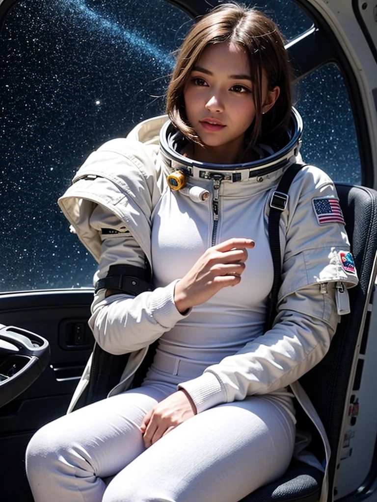 smile、Staring at the audience、Spaceman in space suit sitting in spaceship cockpit,wear spacesuits, Dressed in an astronaut costume, Cute girl in a tank top, girl in space, In space, (((Dressed in an astronaut costume))), woman astronaut, Sitting on a chair with legs spread、