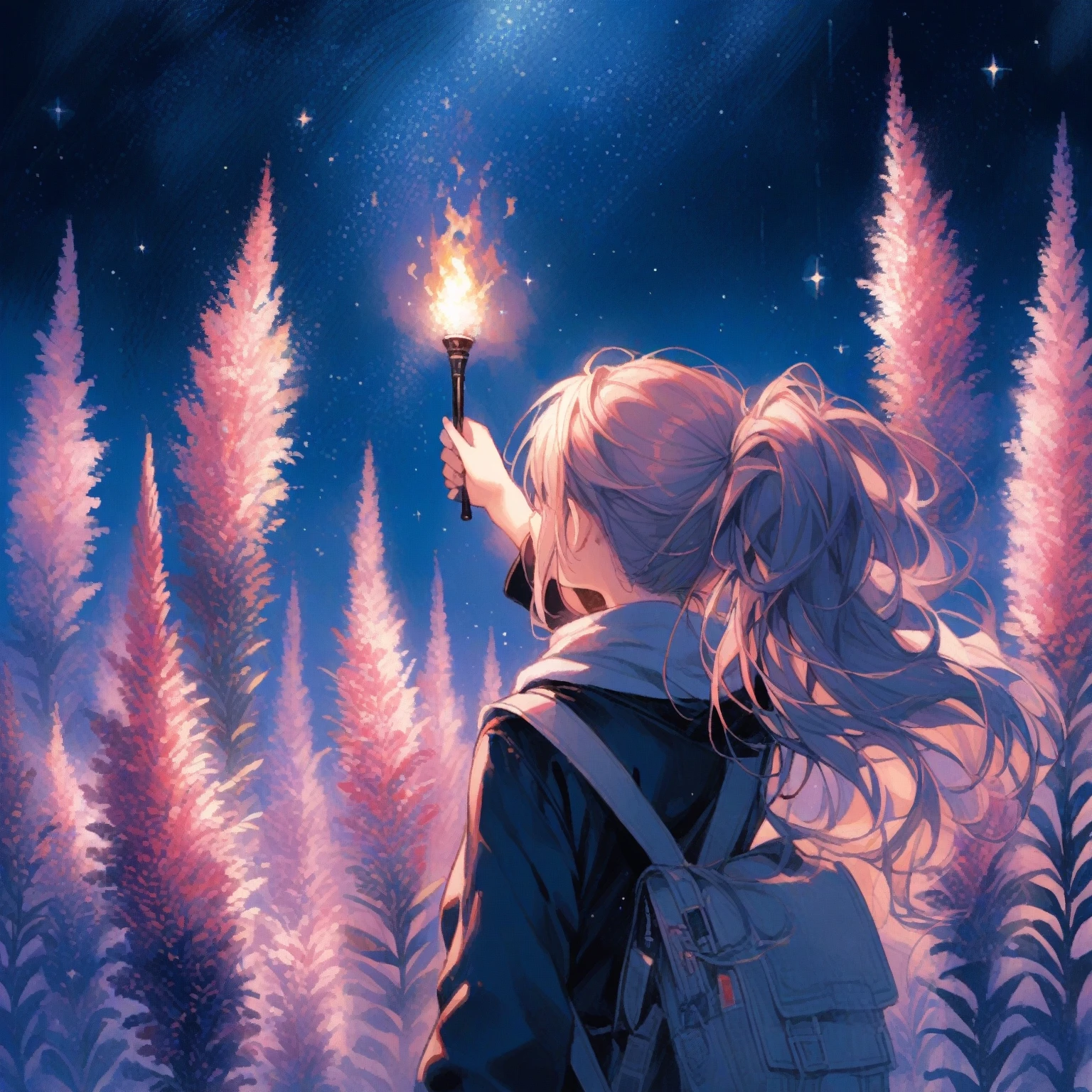 1girl、Liatris spicata、「Burning passion」「Upward centric」「A love that lasted too long」、Blazing star、I look up at the stars shining in the night sky while holding a torch in my hand.、tegaki