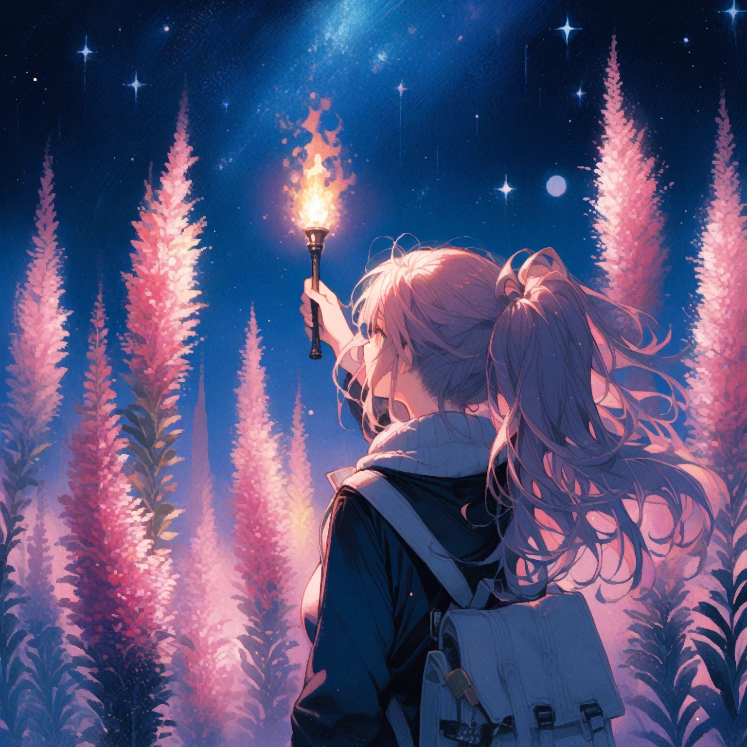 1girl、Liatris spicata、「Burning passion」「Upward centric」「A love that lasted too long」、Blazing star、I look up at the stars shining in the night sky while holding a torch in my hand.、tegaki