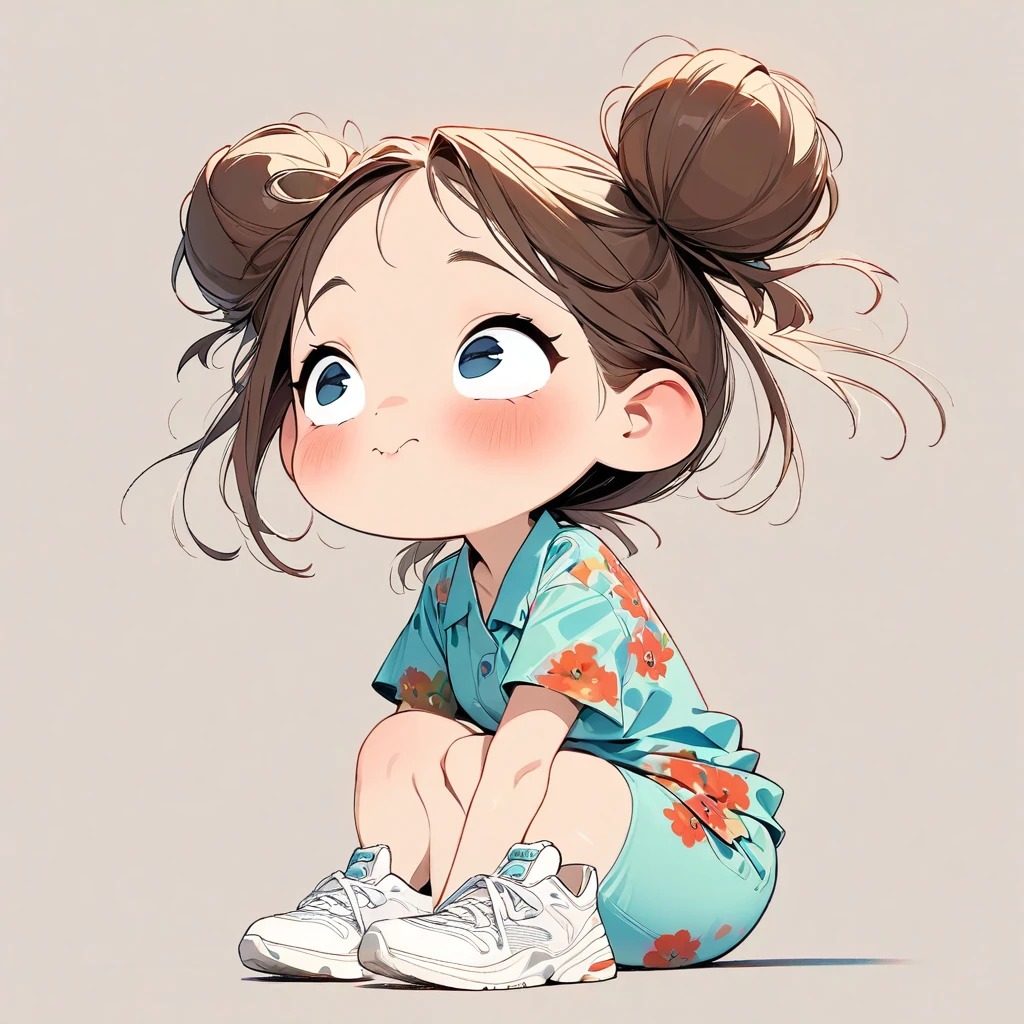 (masterpiece, highest quality:1.2), Cartoon style character design。1 girl, alone,Big eyes,Cute expression,Two buns hair,Floral Shirt,Work clothes,White sneakers,stand,interesting,interesting,Clean Lines,Solid color background,Vibrant colors ,exceptionally high detail