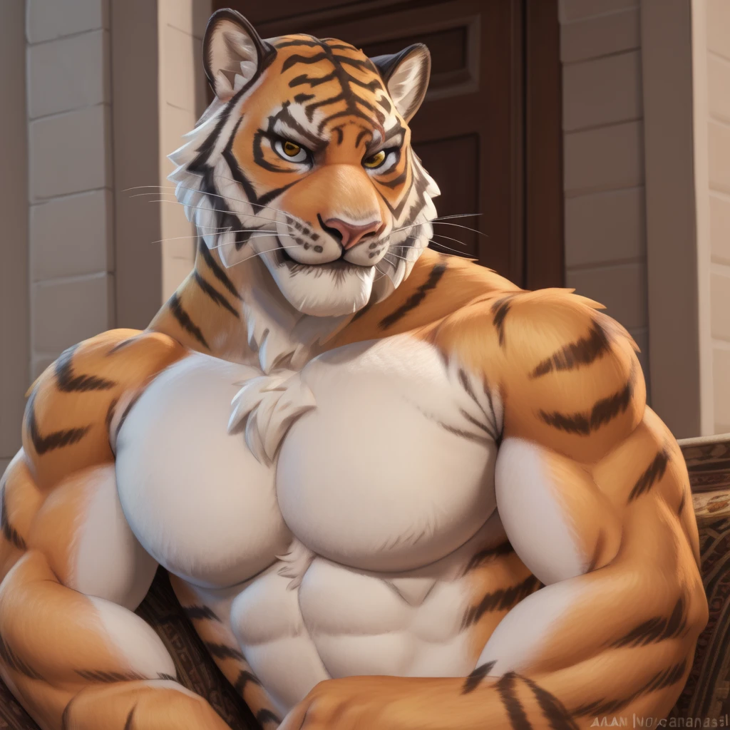 Tiger Man, Alone, (soft shading), 4k, anything, ((detailed face, detailed eyes, detailed)), (whole body), por zackary911, by zaush, (by personal:0.5), muscular, muscular male, Alone, (chubby), stomach, green eyes, pose, SMILE, 1 chico, big belly, nipples, green eyes, male focus, Thighs, stomach, big lump, big balls, bare pecs, green underwear,  short black gloves, squatting sexy 