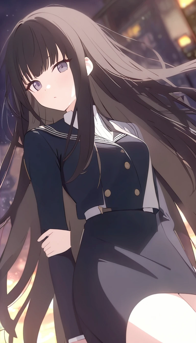 (masterpiece, high quality, best quality, highres,) One Woman, young, tall, Well-built, Thicc, Black Hair, Long Hair, Bule Eyes, One eye is hidden by bangs, expressionless, White blouse, Black Pencil Skirt, coat, White background, standing, cowboy shot, from the front