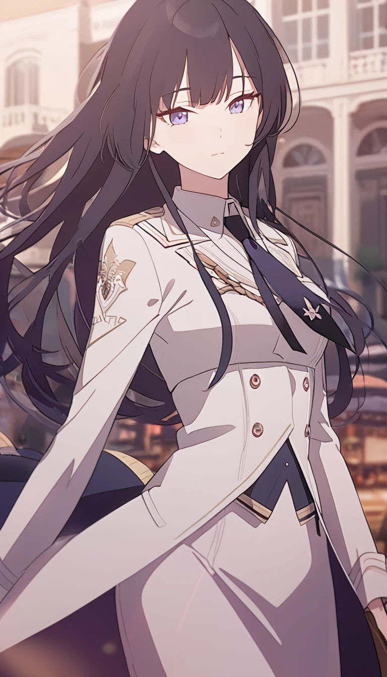 (masterpiece, high quality, best quality, highres,) One Woman, young, tall, Well-built, Thicc, Black Hair, Long Hair, Bule Eyes, One eye is hidden by bangs, expressionless, White blouse, Black Pencil Skirt, coat, White background, standing, cowboy shot, from the front