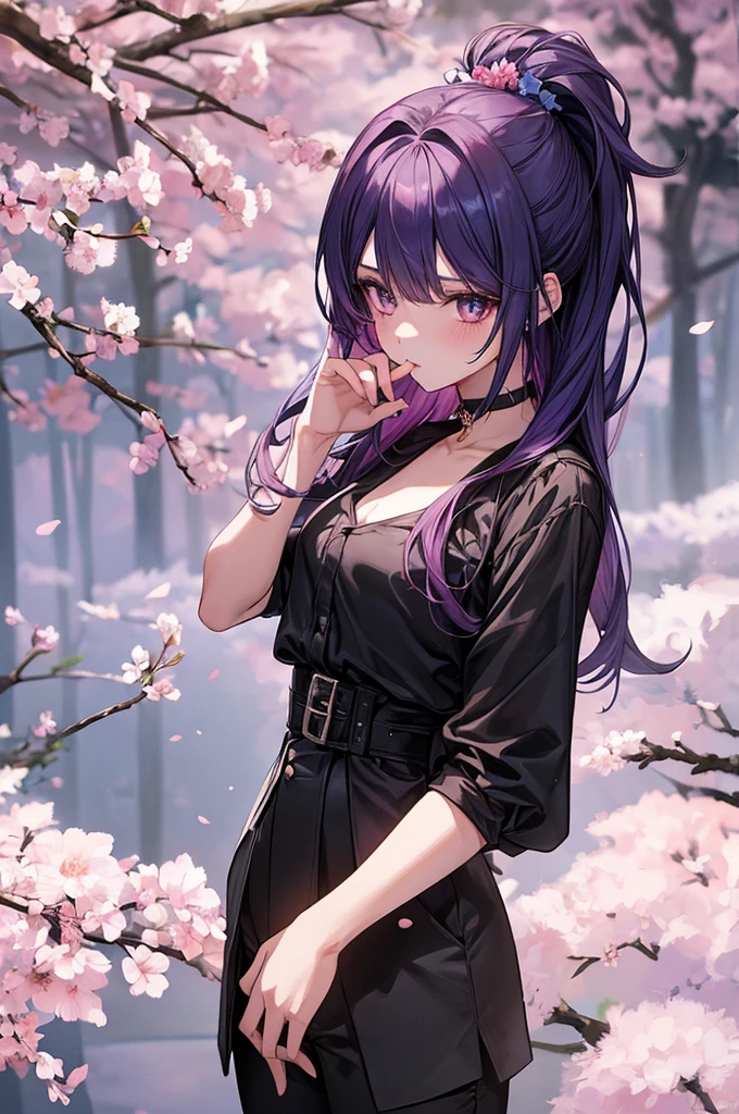 1girl, holding up a sapphire blue flower over her mouth, black pink hair ombre, park with cherry blossom background, harajuku style fashion, waist up, black outfit, short pants