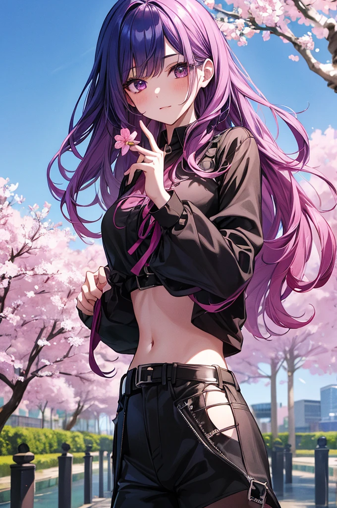1girl, holding up a sapphire blue flower over her mouth, black pink hair ombre, park with cherry blossom background, harajuku style fashion, waist up, black outfit, short pants