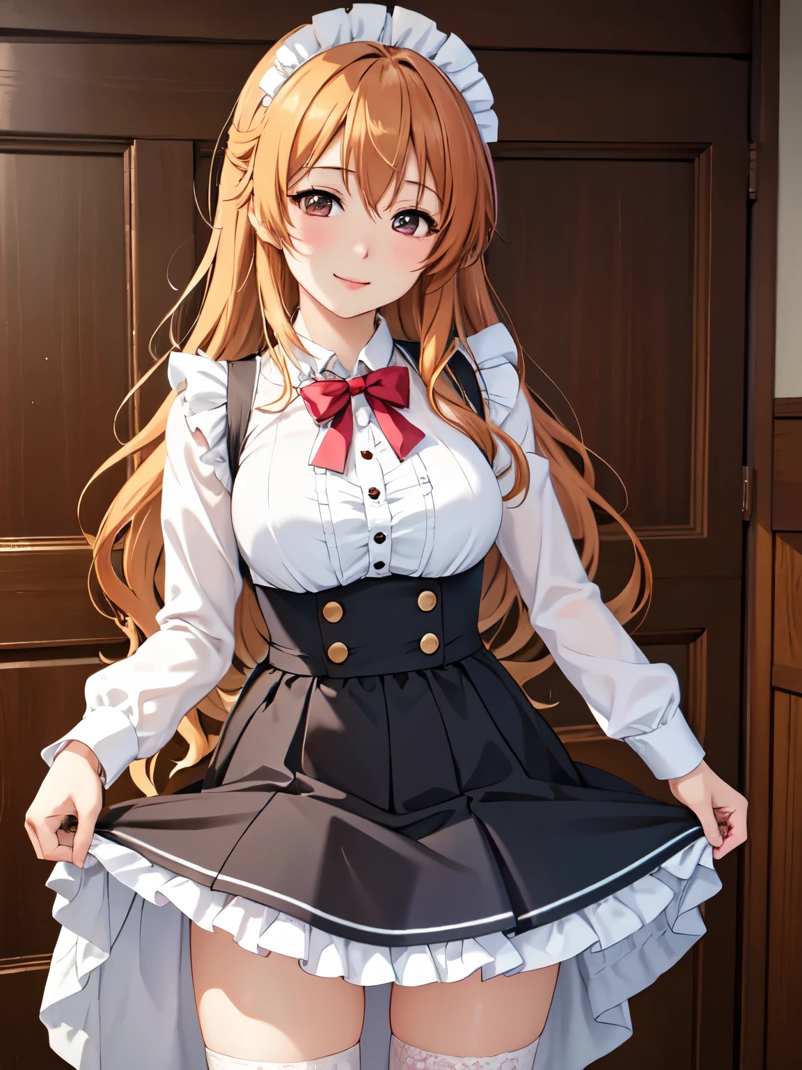 (Moe、Moe:1.10)、Very detailed、smile、konoe、Standing、smile、Closed Mouth、One Girl,Beautiful thighs,Absolute reference to the center、Maid、ヴィクトリア朝 Maid服、4K,8K、Skirt lift up, Perfect lighting, Extremely detailed CG、High resolution、超High resolution、Physically Based Rendering(Genuine、Realistic、Realistic)、Cowboy Shot、Maid、Anime illustration style