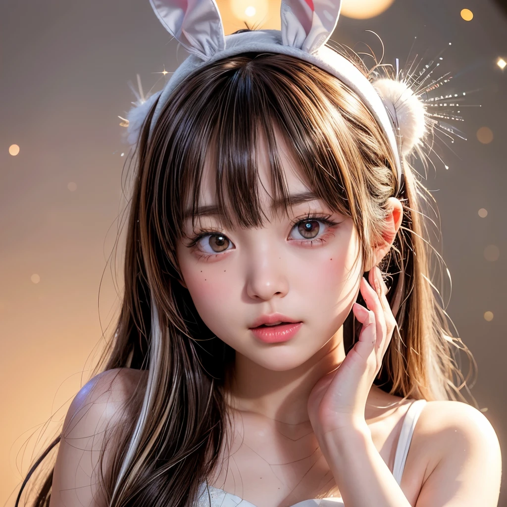 NSFW, 8k, High-level, absurd, masterpiece, best quality, primitive, very detailed CG, very detailed wallpaper, perfect lighting, Extremely detailed (((The personifying " bugs bunny " as a ))), MysticSight, Tyndall effect, Tyndall scattering, Studio gray background with (many Dazzling RainbowColor particles BokeH:1.28), (RoundlyButts, ThighGap), (Exposed:0.4), (Assfocus with looking ahead), BREAK (NOGIZAKA face variations) Extremely Detailed very KAWAII face variations, perfect anatomy, Childish, captivating gaze, elaborate detailed Eyes with (sparkling highlights:1.28), long eyelashes、Glossy RED Lips with beautiful details, Coquettish tongue, Rosy cheeks, Radiant PearlSkin with clear transparency . { (Dynamic LifeLike expressions:1.4) | :d) }, (large eyes:-1) .