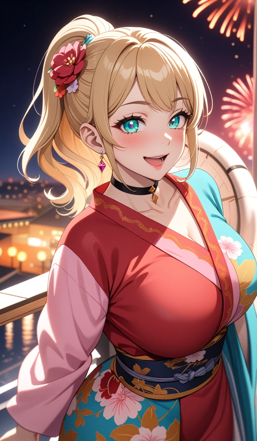 ((One personの女性)), Beautiful Face,Laughing embarrassedly,((Wink:1.5)),Laugh with your mouth wide open((Bright red cheeks:1.4)),Glossy pink lips,night,rooftop,Festive decorations,You can see the ocean, firework,Laughing with your mouth open,Glossy pink lips,Lighting on the face,((Anime style background)),masterpiece, Highest quality, so beautiful,Latest, Complex details, (Pink long nails),(ring),(bracelet),(choker),AI-generated, Complex,High resolution, Highest quality, super high quality,3D Images、View your viewers、3D Images,One person,Long blonde hair,High Ponytail,(Turquoise Eyes),Anime woman posing for a photo, ((Fine grain、Colorful Eyes、Shining Eyes:1.4)),(Squint your eyes:1.1),a hyperRealistic , hyperRealistic , Realistic,Anime woman with long and white hair, Smooth anime CG art, A woman in a colorful kimono with gold embroidery, (Pink long sleeve kimono),Red floral pattern,Long flower hair ornament,big floral earrings,Mature Body,(Big Breasts:1.1),Tall,Abdominal muscles,Narrow waist,(Zoom in on face:1.7),Shooting from below at an angle