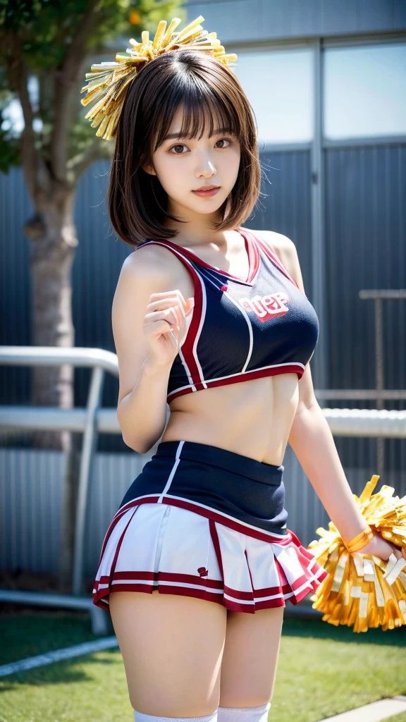 masterpiece, best quality, illustration, Super detailed, fine details, High resolution, 8K,wall paper, perfect dynamic composition,(Details High quality, realistic depiction of eyes:1.3), hotel room, (cheer girl:1.5),(a miniskirt), to stand、large breasts,short bob hair, black hair color, Big Natural Color Lip, bold sexy pose, crying a little、Harajuku style、20 year old girl、cute type、ta、beautiful legs, hposing Gravure Idol