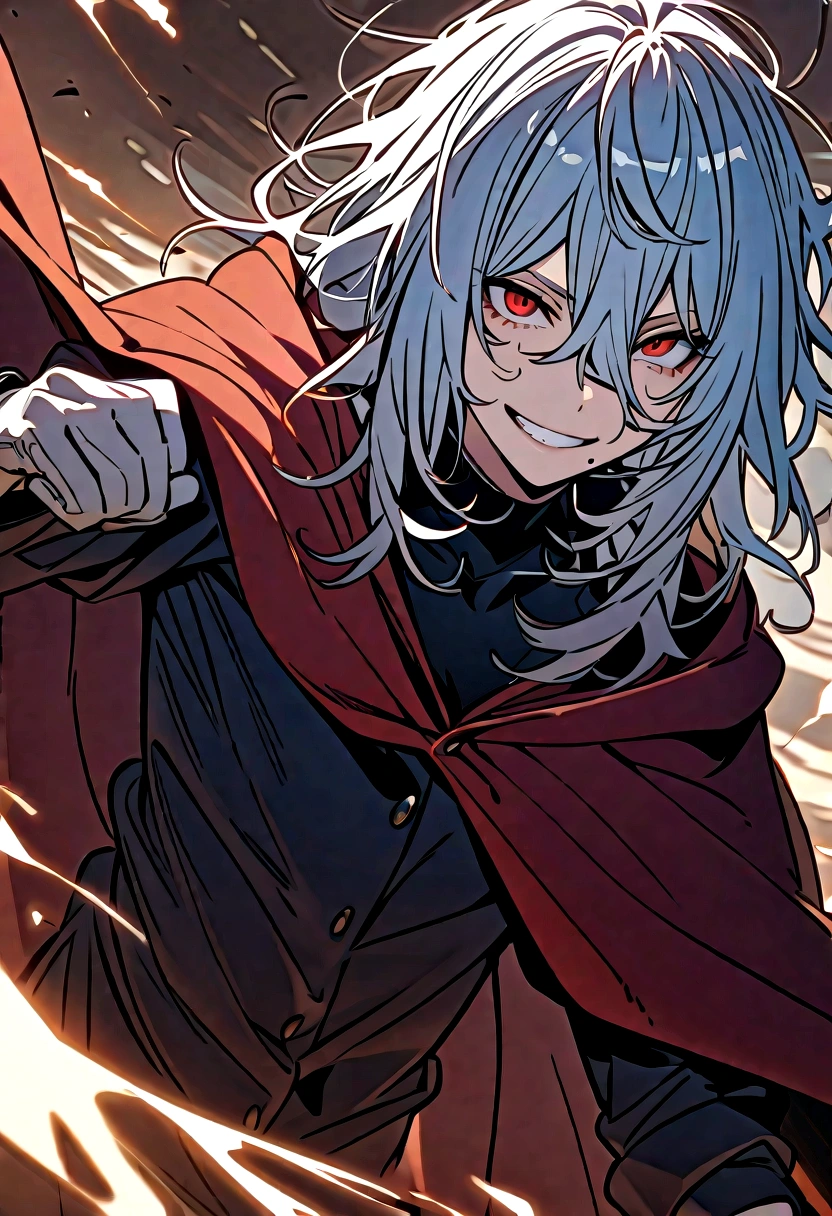 tomura_shigaraki, blue hair, red eyes, bangs, hair between eyes, scar, scar on face
tomura_shigaraki, blue hair, bangs, hair between eyes, scar, scar on face, gloves, white gloves, disembodied limb, covering face
tomura_shigaraki, white hair, red eyes, messy hair, gloves, red cape
tomura_shigaraki, white hair, red eyes, long hair, messy hair, cloak, cape
teeth
smile
grin
mole under mouth