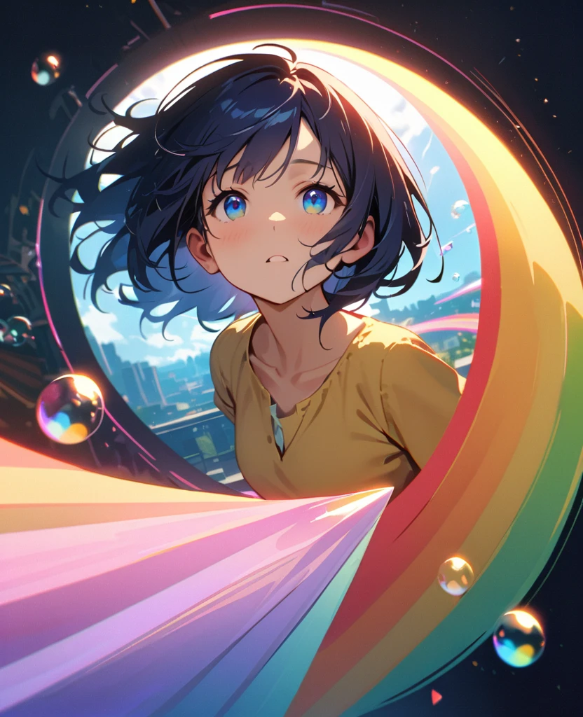 (girl,(tween,wavy short hair, darkblue hair, floating hair, cosmic colored eyes, school-uniform, pale skin, tired face,blue eyes is looking up at the sky), (so many tropicalfish are swimming in the air), beautiful sky, beautiful clouds, summery colorful flowers are blooming here and there, (crystal clear bubbles are shining prism here and there in the sky), the noonday moon and noonday stars in the sky), at messy downtown,BREAK, (long shot),wide shot,(wallpaper of extremely detailed CG unit, ​masterpiece,hight resolution,top-quality,top-quality real texture skin,hyper realisitic,increase the resolution,RAW photos,best qualtiy,highly detailed,the wallpaper,cinematic lighting,ray trace,golden ratio),
