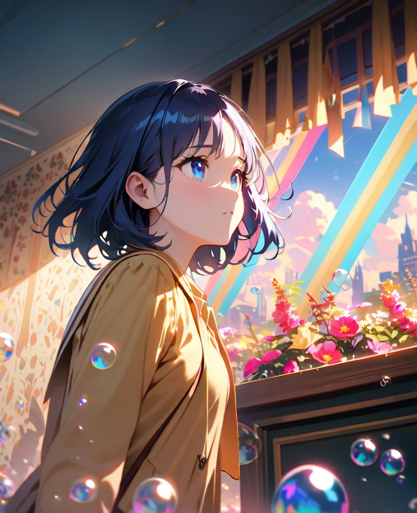 (girl,(tween,wavy short hair, darkblue hair, floating hair, cosmic colored eyes, school-uniform, pale skin, tired face,blue eyes is looking up at the sky), (so many tropicalfish are swimming in the air), beautiful sky, beautiful clouds, summery colorful flowers are blooming here and there, (crystal clear bubbles are shining prism here and there in the sky), the noonday moon and noonday stars in the sky), at messy downtown,BREAK, (long shot),wide shot,(wallpaper of extremely detailed CG unit, masterpiece,hight resolution,top-quality,top-quality real texture skin,hyper realisitic,increase the resolution,RAW photos,best qualtiy,highly detailed,the wallpaper,cinematic lighting,ray trace,golden ratio),