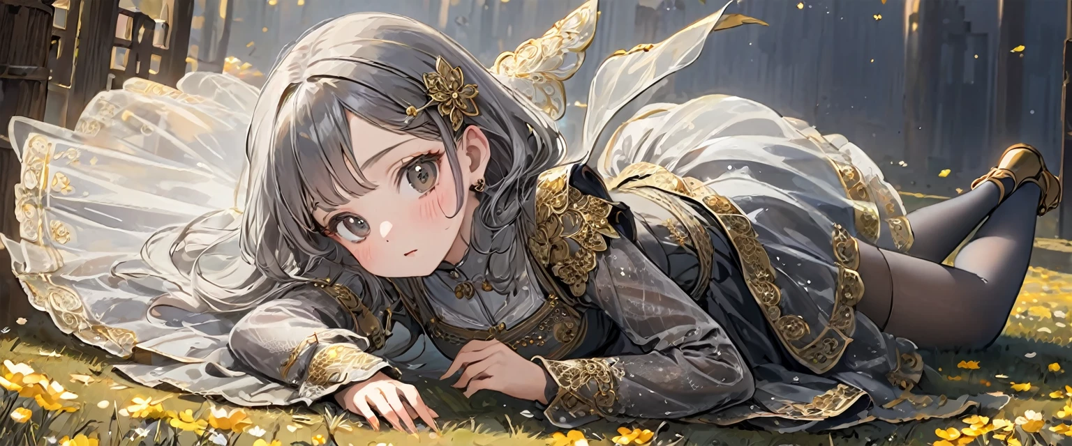 girl, Gold and silver embroidery, Platinum and pearl medieval long dress（With panniers）, Translucent fabric, Pull up the dress by hand, Strong winds, Translucent slip, Grey translucent tights, ８歳のgirl, Gold and silver embroidery, medieval mini dress（With panniers）, Translucent fabric, Pull up your skirt, Strong winds, Translucent slip, Grey translucent tights, Peeking from below, Highest quality, Disorder of clothing, Lying down, underwear, Show off your thighs, night, Skirt lining