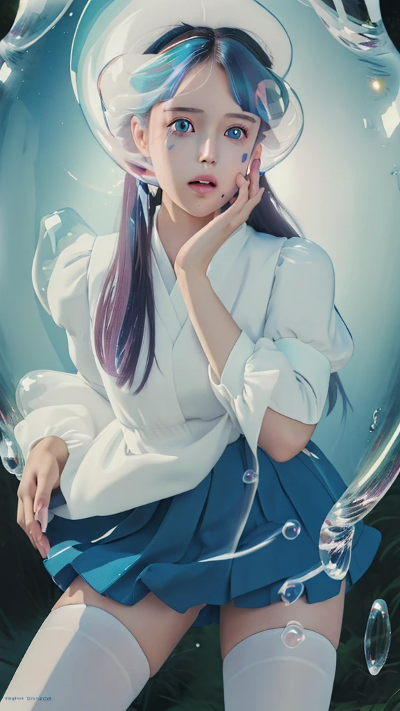(masterpiece), (best quality), (official art, extremely detailed CG unity 8k wallpaper), (highly detailed), ((absurdres)), 1girl, mid shot, (exquisite facial features),(serafuku:1.3) ((sfw)),((clear hands)), ((white thighhighs without shoes)),aqua eyes, color contact lenses, stars in the eyes, (((colorful bubble))), colourful glass, (album cover)