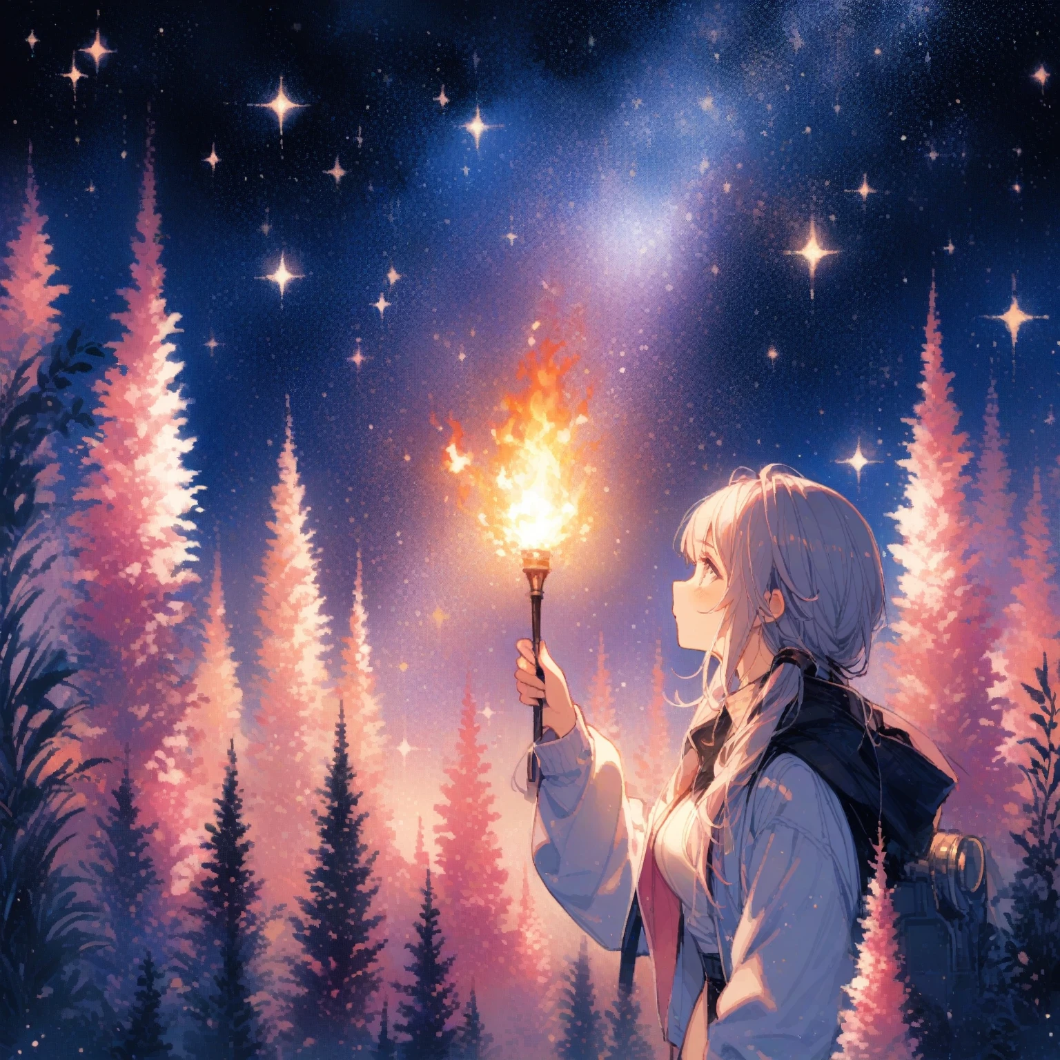 1girl、Liatris spicata、「Burning passion」「Upward centric」「A love that lasted too long」、Blazing star、I look up at the stars shining in the night sky while holding a torch in my hand.、tegaki