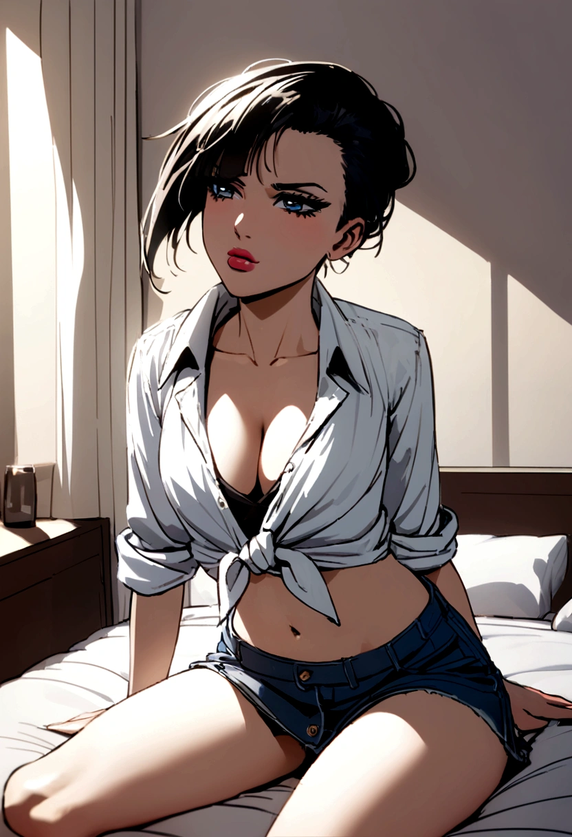 young Grace Jones, cleavage, tied shirt, midriff, flashing panties, short skirt, sultry, sitting in bed