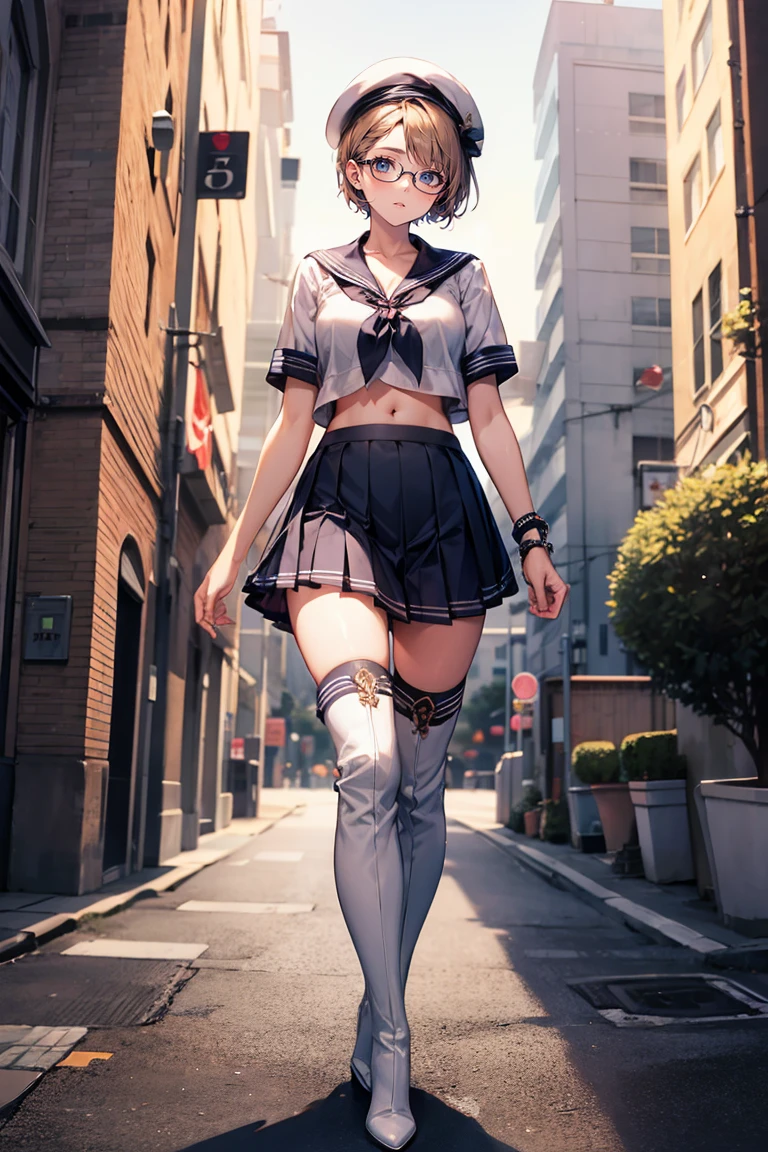 Best quality, Masterpiece, white thighboots, pleated skirt, sailor uniform, beret, glasses, short hair, medium breasts, cleavage, full body, city, high heels boots, navel