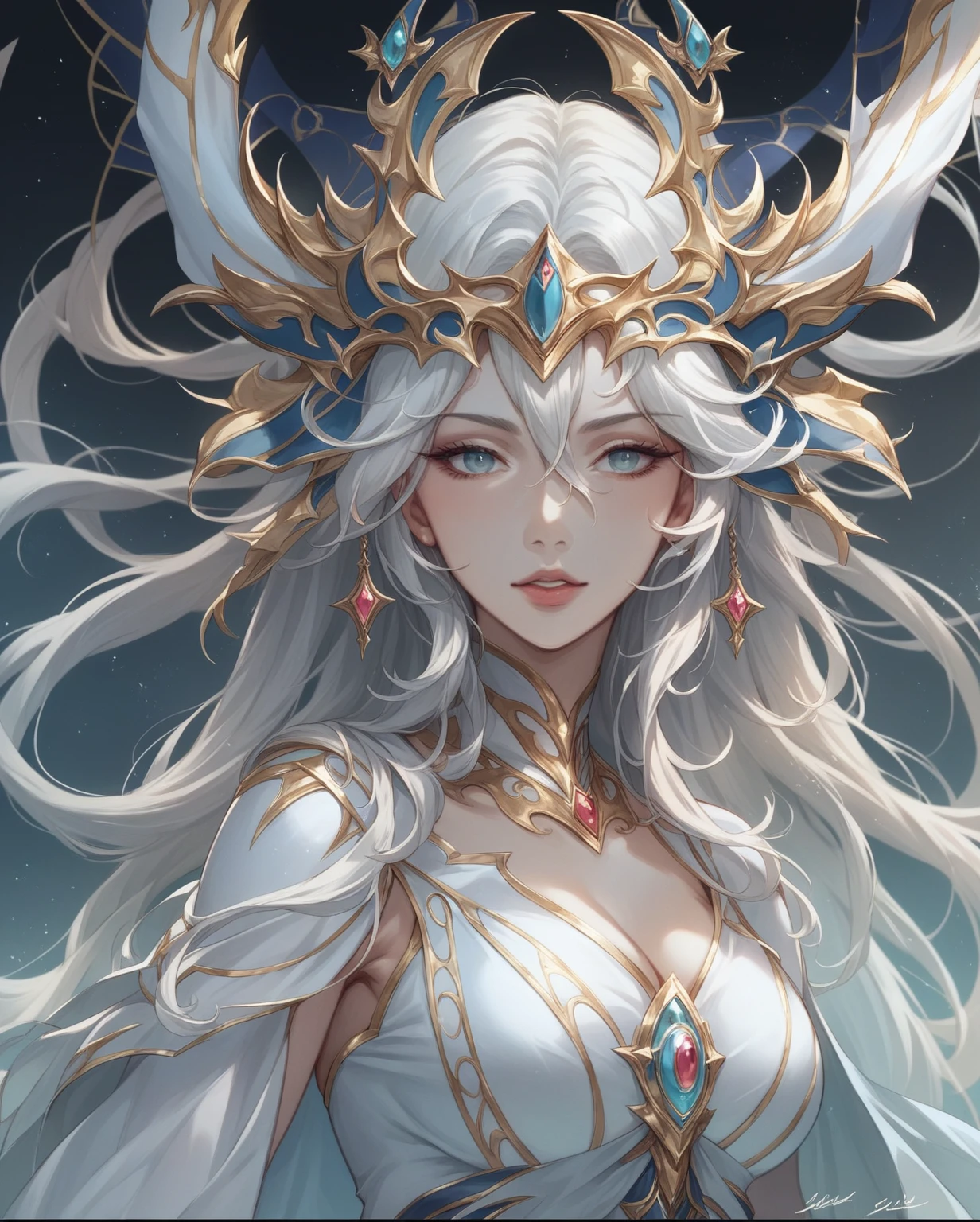 Anime girl with white hair and gold crown, Beautiful Fantasy Empress, Beautiful Celestial Magician, goddess. Extremely high detail, ((Beautiful Fantasy Empress)), Portrait of a girl in the Knights of the Zodiac, Detailed fantasy art, Fantasy art style, epic Fantasy art style hd, Detailed fantasy digital art, Jan J, extremely detailed goddess shot, 2. 5d cgi anime fantasy artwork
