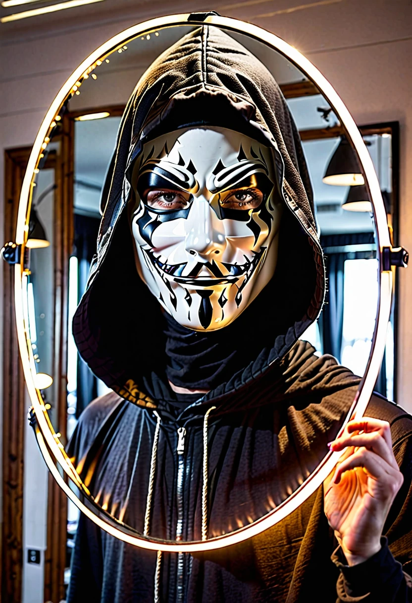 character with a black hood, and a lighted mirror as a face