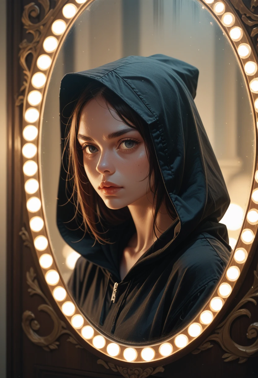 character with a black hood, and a lighted mirror as a face