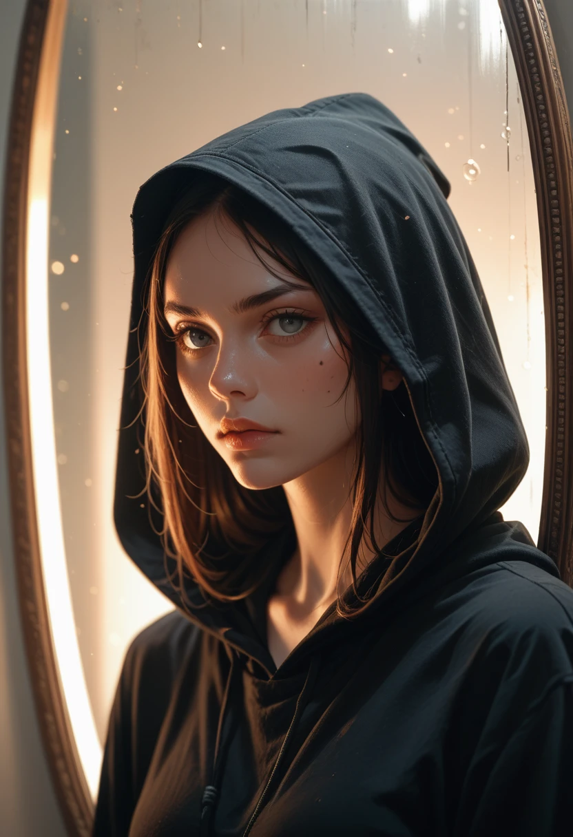 character with a black hood, and a lighted mirror as a face