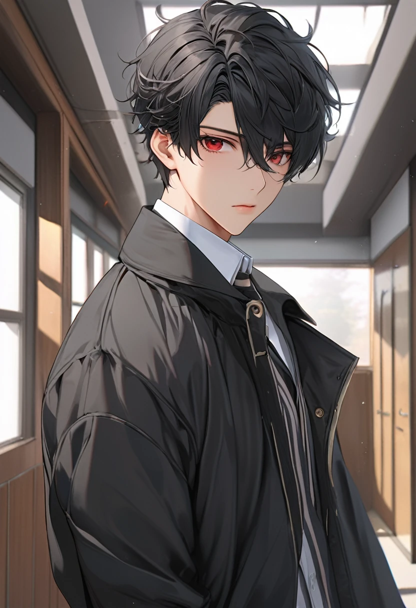 A high, handsome, perfect body, black hair, short hair, mullet, red eyes, upturned eyes, expressionless, black coat, anime, first-person view, masterpiece, anatomically correct, high details, highres, best quality, super detail, 1080P