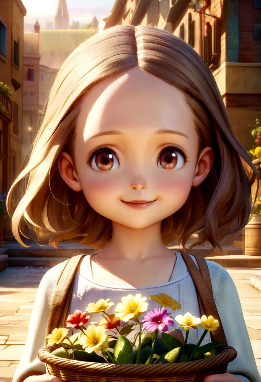 (Pixar style: 1.25) Portrait of a little girl, Natalie Portman, Smile, Waist length,Bring a flower basket, Natural skin texture, 4k textures, Human Development Report, complicated, Very detailed, Clear focus, Feeling, Ultra Detailed