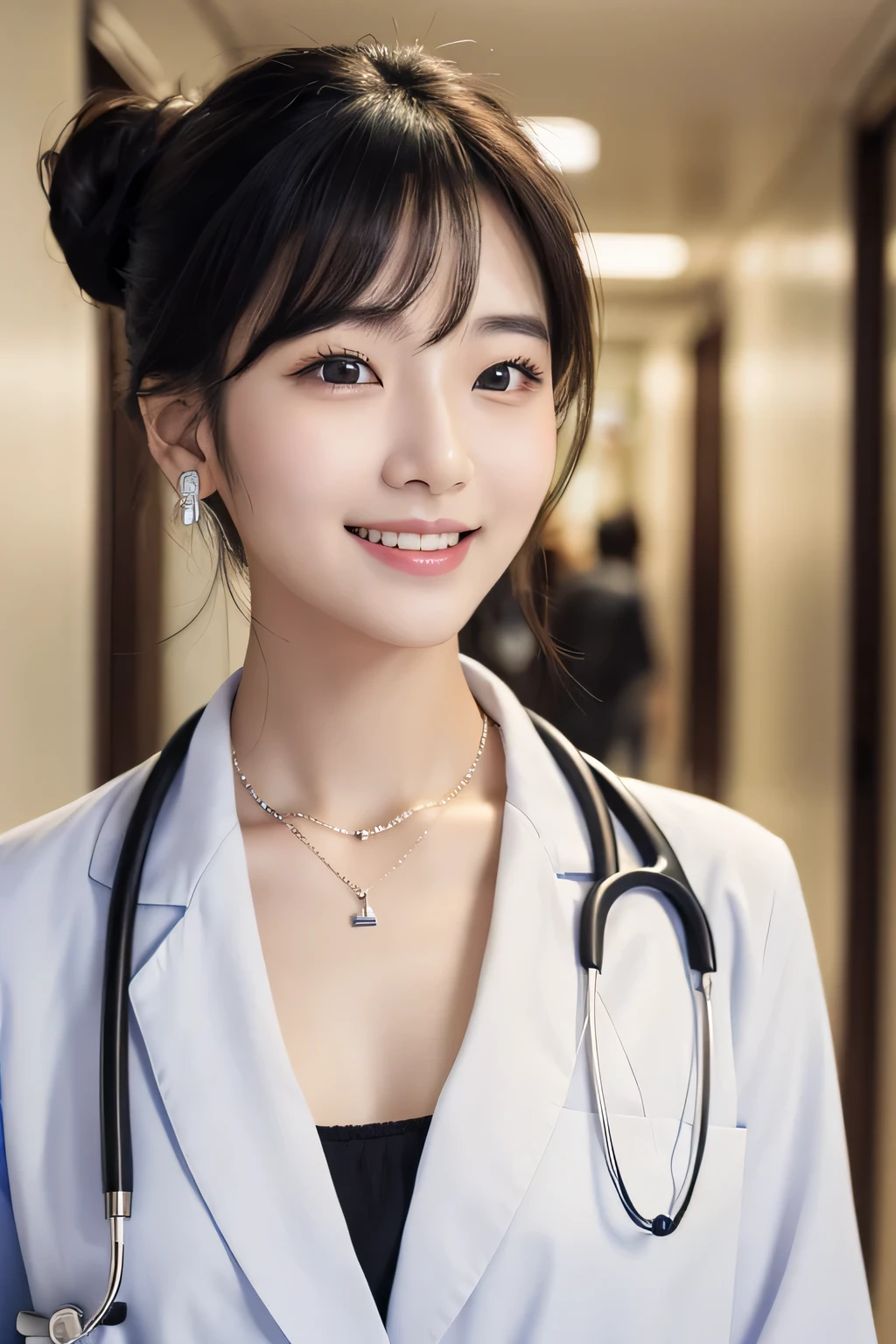 Beautiful young woman、 Korean women、Black Hair、Necklace around the neck、White、Stethoscope、Hairstyle bun、smile、Open your mouth a little、Intricate details, Very detailed:1.2), 、 Looking into the camera,The background is the corridor of the hospital.、ear piercing