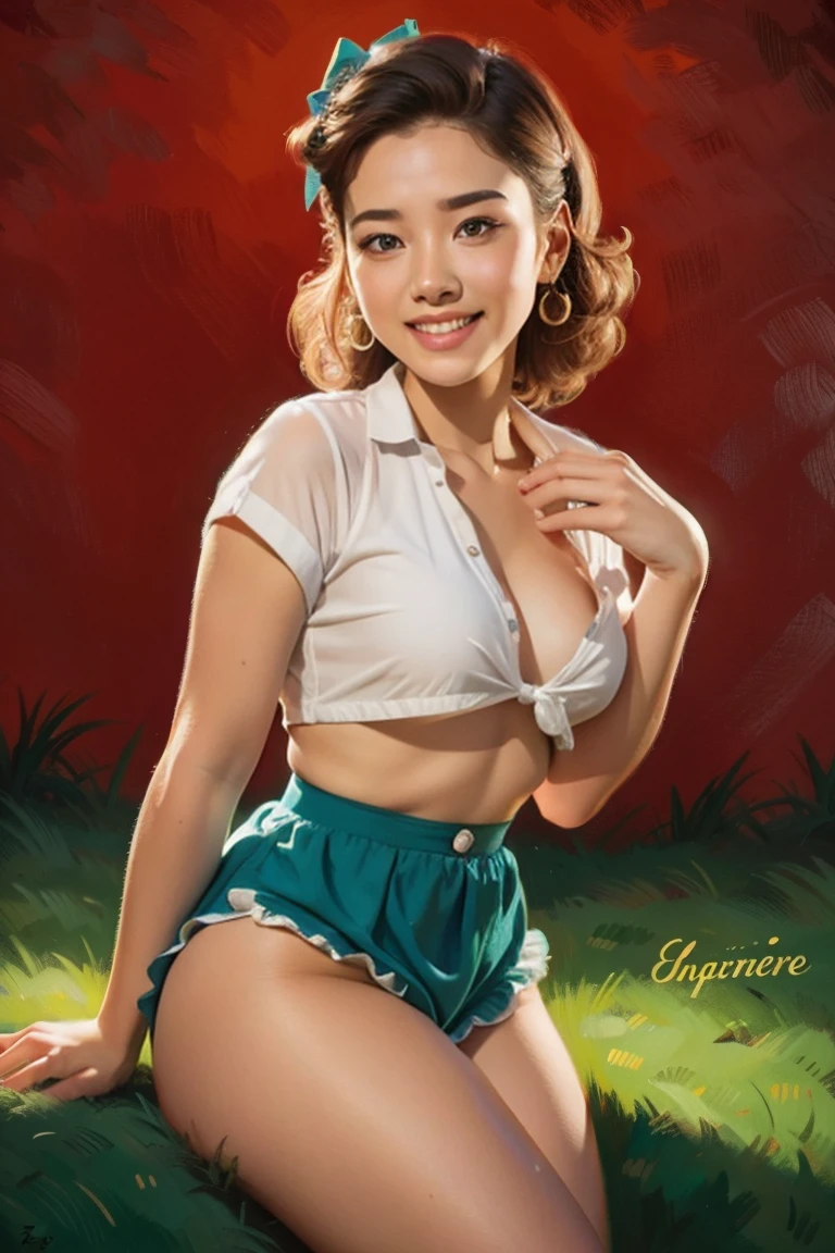 20 years old Girl sitting on fance of the farm, No Bra, No Panties, medium breast, shining skin, dramatic lighting, pin up style, sexy, surprised, , colorful , masterpieces, illustrated, shining skin, detailed face, Medium breast. tight body. red hair, Illustrated BY Zoe Mozert,   pinup art byZoe Mozert,  vintage pin up, illustrated by Zoe Mozert, girl pinup, 1940's pinup girl, pin-up poster girl, pin up girl, pinup, pin - up girl, Detailed face, Detailed Hands, Detailed legs,