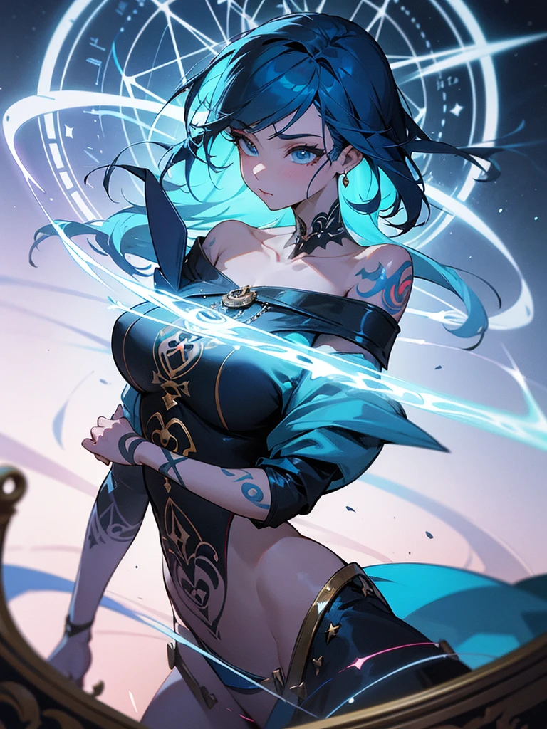 1 adult woman, depicted painting, tattoo, (cinematic), elaborate, magical power, detailed magic circle, vibrant blue color, shine, off shoulder,