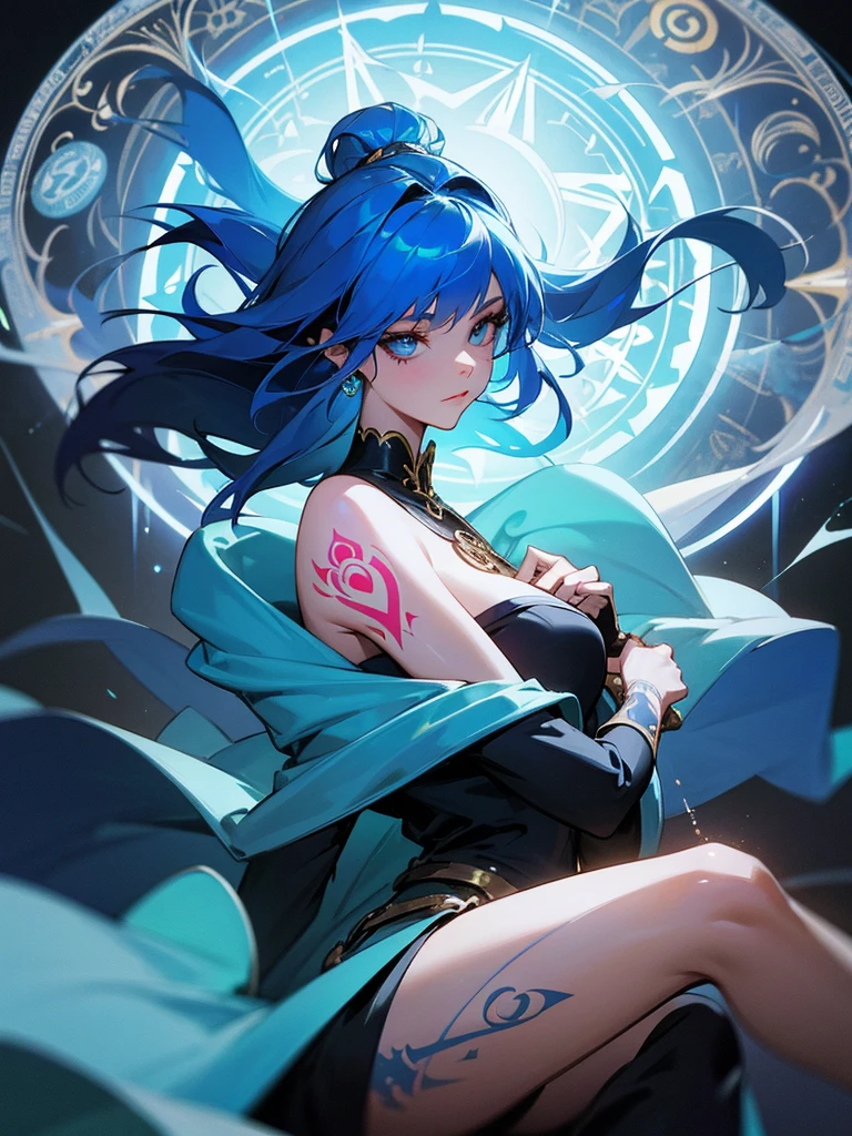 1 adult woman, depicted painting, tattoo, (cinematic), elaborate, magical power, detailed magic circle, vibrant blue color, shine, off shoulder,