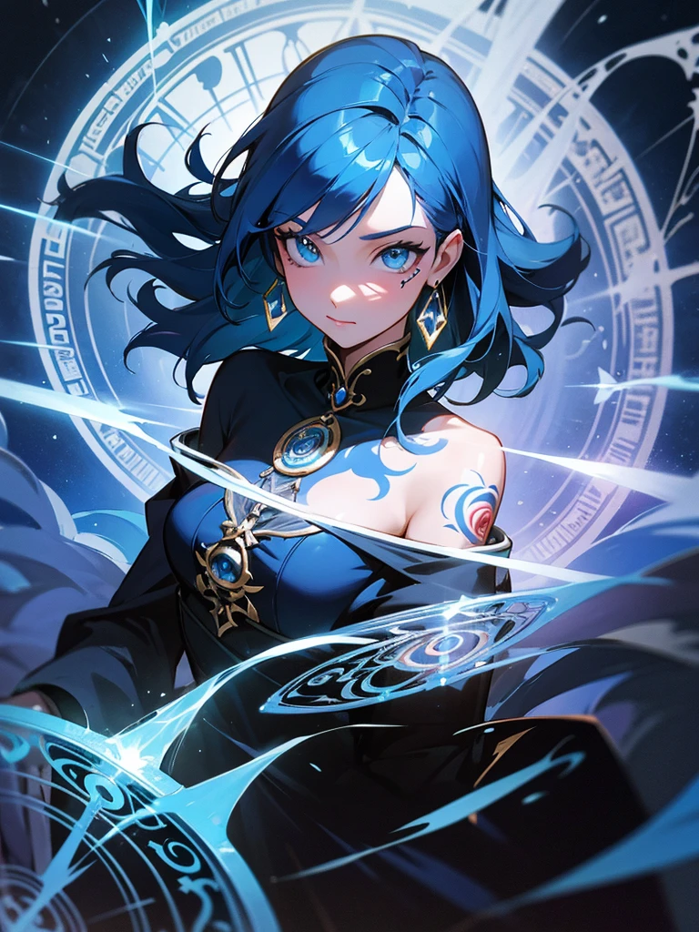 1 adult woman, depicted painting, tattoo, (cinematic), elaborate, magical power, detailed magic circle, vibrant blue color, shine, off shoulder,