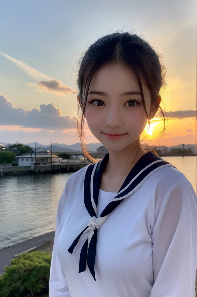 (1 Girl )、(Beautiful Japanese、18years old,round face、Refreshing、clear、seems kind、stylish、Pitiful、cute like an angel、cute、black eyes、,actress,Almond-shaped eyes,Translucent white skin、Beautiful skin), {(Japan human face:1.4)} , (((Beautiful breasts:0.4))),(((soft breasts))),(very cute),(Black hair),(enchanting eyes),(highlight on eyes:1.2)、(8K、Live shooting、highest quality、masterpiece:1.2、optimal lighting)、((masterpiece)),(Photo taken by a professional photographer),(real、photo real:1.4),break,{(cute Japanese high school sailor uniform),((traditional Sailor Suit:1.0))},(cheeks are red:1.3), break, break,Face shot:1.3、 face close-up,Look away,happy,Little smile,evening、Japanese countryside,evening、sunset、Fishing port、cumulonimbus,Coastal road,A fresh breeze、Hair swaying in the wind,Sunset,profile
