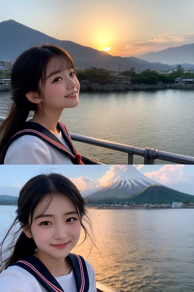 (1 Girl )、(Beautiful Japanese、18years old,round face、Refreshing、clear、seems kind、stylish、Pitiful、cute like an angel、cute、black eyes、,actress,Almond-shaped eyes,Translucent white skin、Beautiful skin), {(Japan human face:1.4)} , (((Beautiful breasts:0.4))),(((soft breasts))),(very cute),(Black hair),(enchanting eyes),(highlight on eyes:1.2)、(8K、Live shooting、highest quality、masterpiece:1.2、optimal lighting)、((masterpiece)),(Photo taken by a professional photographer),(real、photo real:1.4),break,{(cute Japanese high school sailor uniform),((traditional Sailor Suit:1.0))},(cheeks are red:1.3), break, break,Face shot:1.3、 face close-up,Look away,happy,Little smile,evening、Japanese countryside,evening、sunset、Fishing port、cumulonimbus,Coastal road,A fresh breeze、Hair swaying in the wind,Sunset,profile