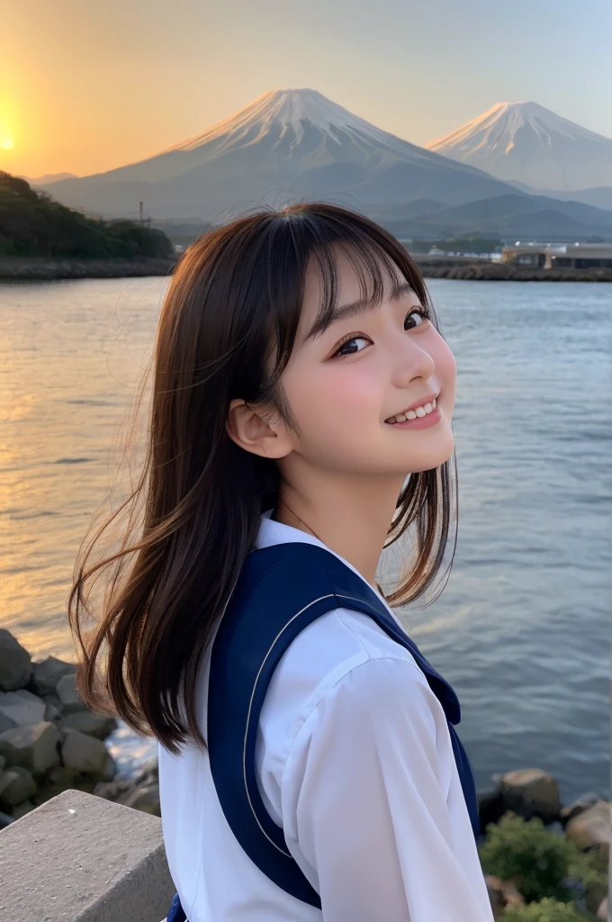 (1 Girl )、(Beautiful Japanese、18years old,round face、Refreshing、clear、seems kind、stylish、Pitiful、cute like an angel、cute、black eyes、,actress,Almond-shaped eyes,Translucent white skin、Beautiful skin), {(Japan human face:1.4)} , (((Beautiful breasts:0.4))),(((soft breasts))),(very cute),(Black hair),(enchanting eyes),(highlight on eyes:1.2)、(8K、Live shooting、highest quality、masterpiece:1.2、optimal lighting)、((masterpiece)),(Photo taken by a professional photographer),(real、photo real:1.4),break,{(cute Japanese high school sailor uniform),((traditional Sailor Suit:1.0))},(cheeks are red:1.3), break, break,Face shot:1.3、 face close-up,Look away,happy,Little smile,evening、Japanese countryside,evening、sunset、Fishing port、cumulonimbus,Coastal road,A fresh breeze、Hair swaying in the wind,Sunset,profile